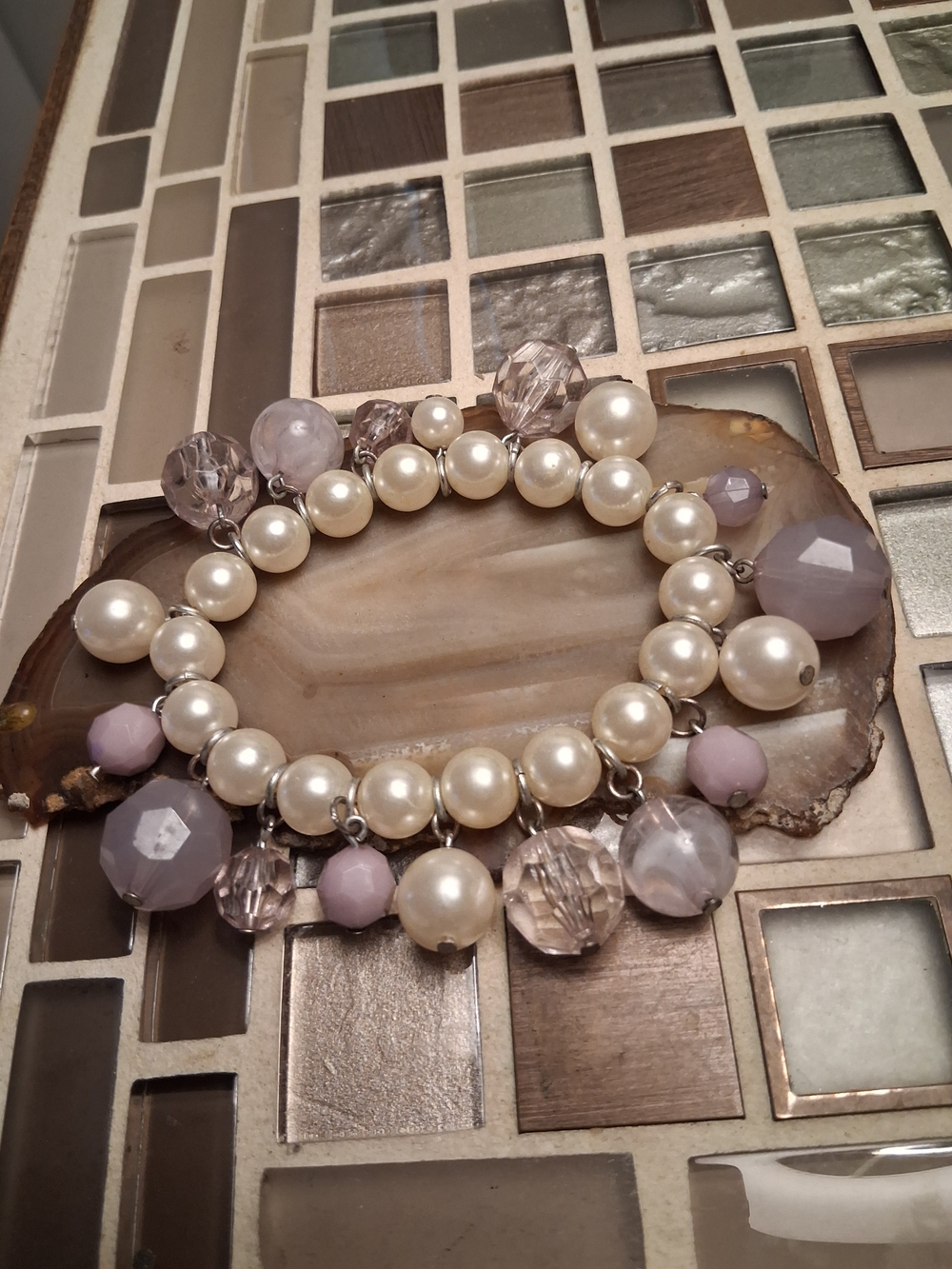 Vintage Pearl and Lavender Bead Charm Bracelet - Women Jewelry